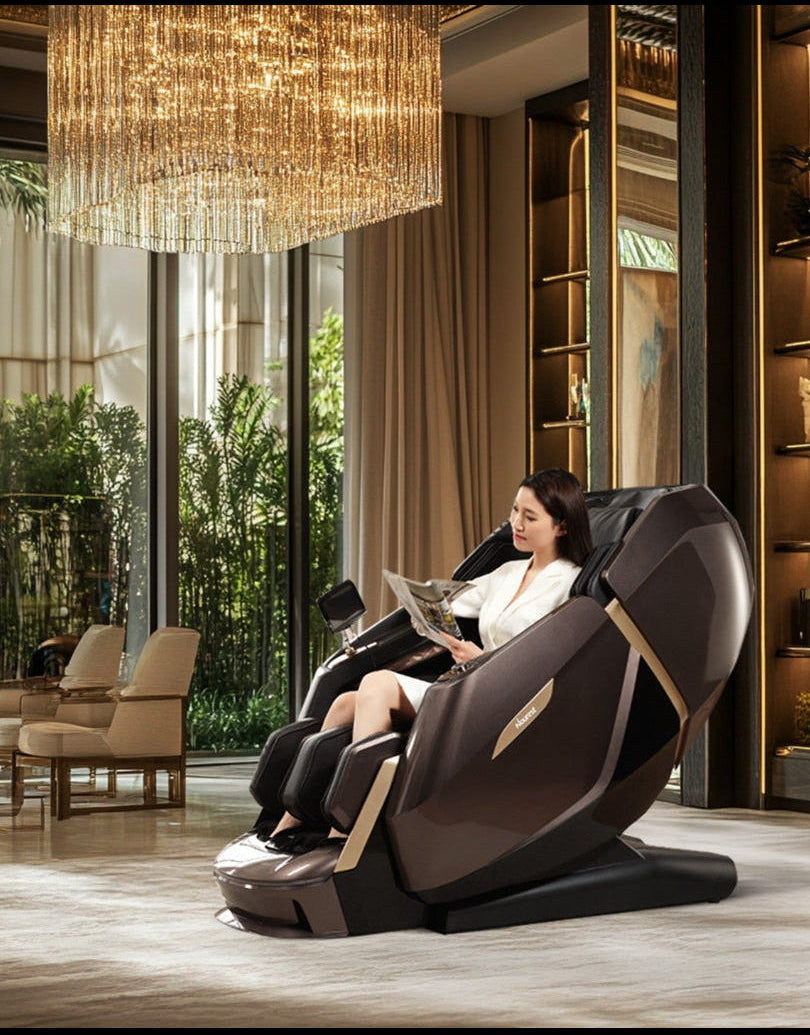 Woman using a nourest massage chair in a luxurious room with large windows and decorative shelves.