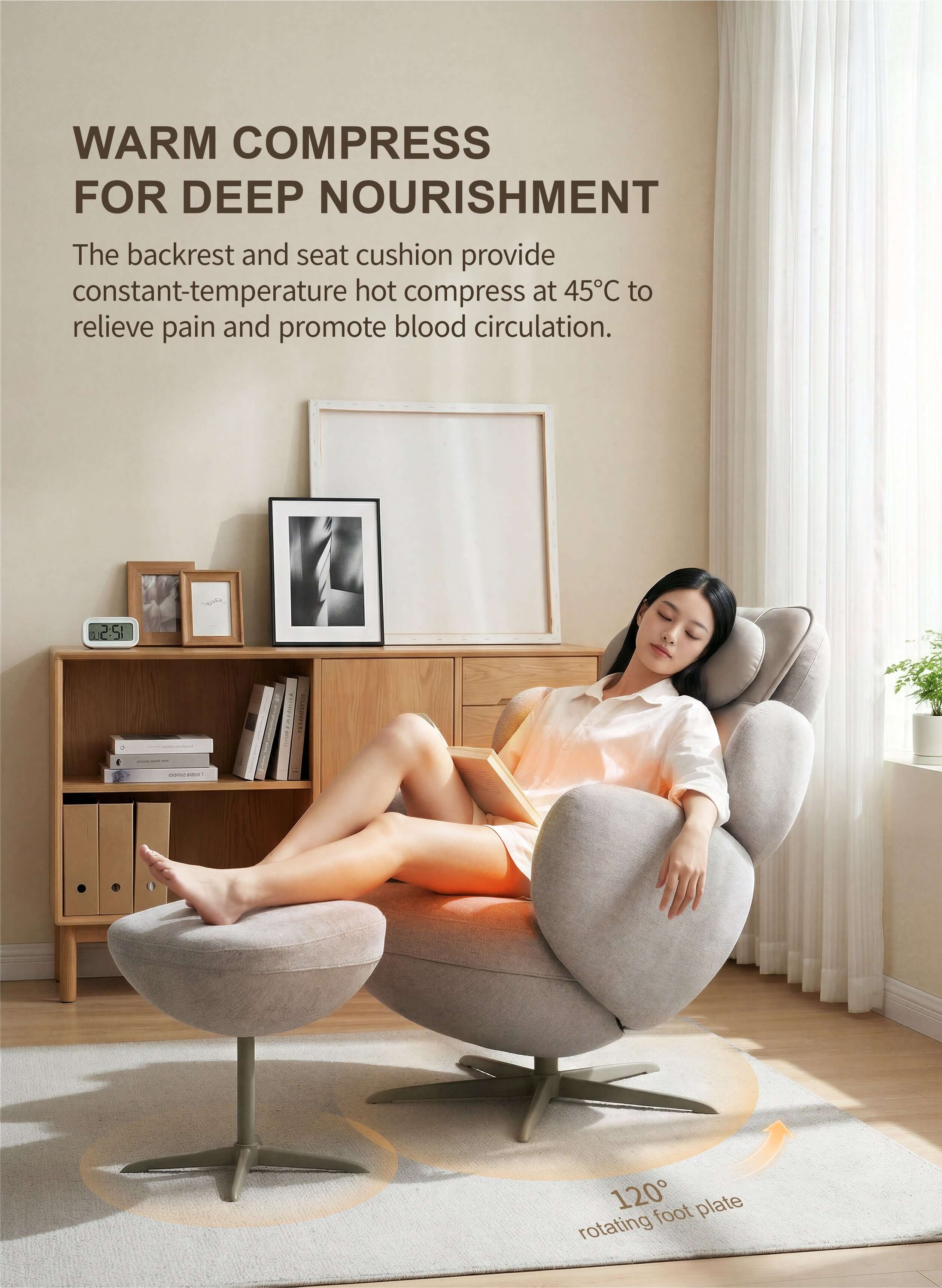 Orion Pro Recliner Massage Chair featuring warm compress for deep nourishment, promoting blood circulation and relieving pain.