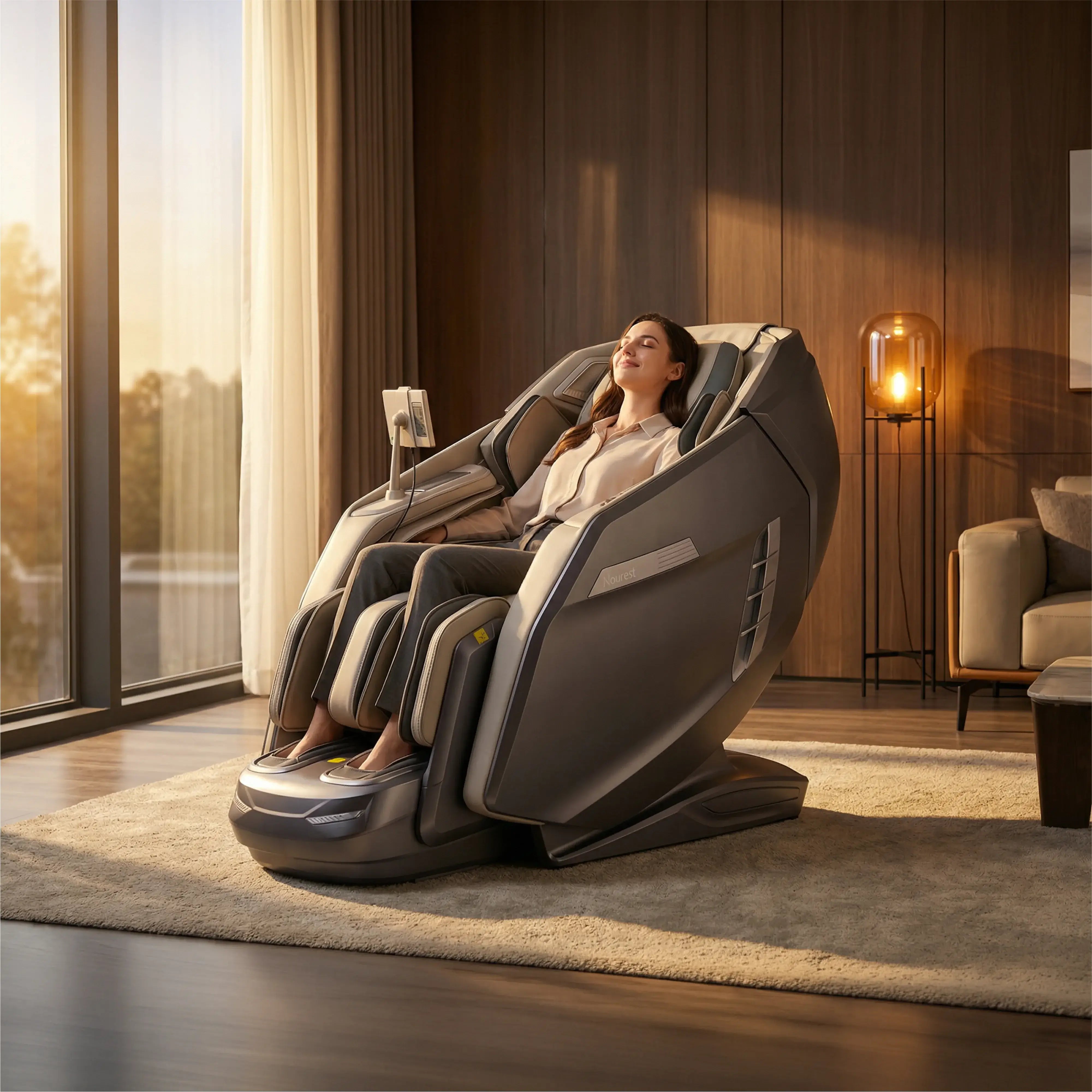 Woman relaxing in the Nourest Core-D massage chair in a modern living room setting.