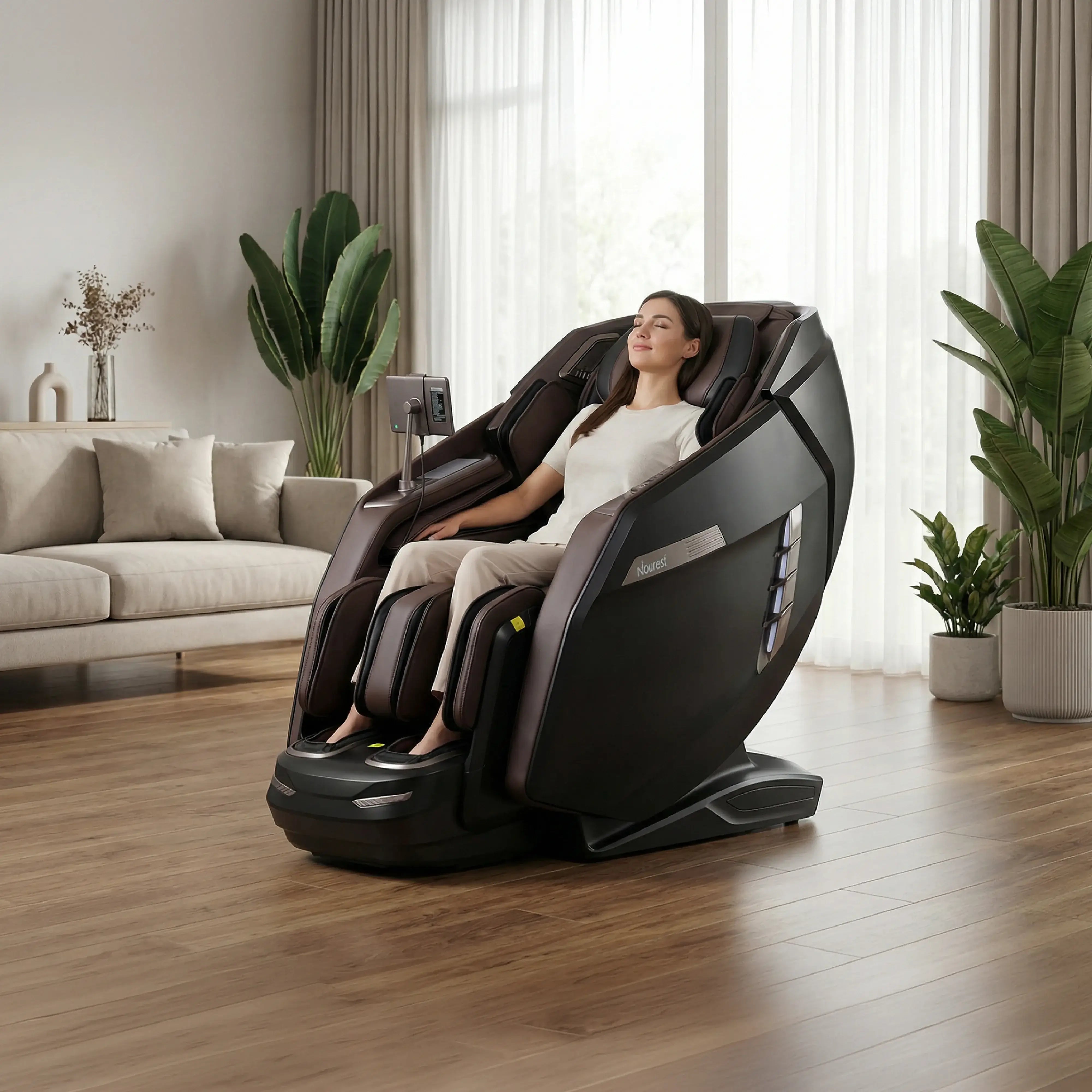 Nourest Core-D massage chair in a modern living room, showcasing its ergonomic design and luxurious features.