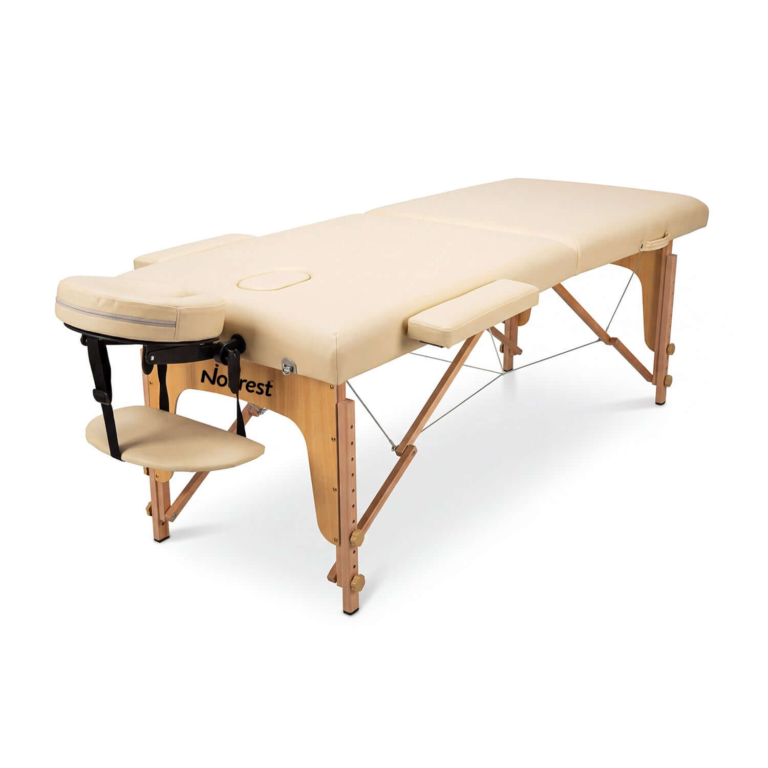 Nourest portable foldable massage table in beige, designed for professional use with a sturdy wood frame and adjustable features.