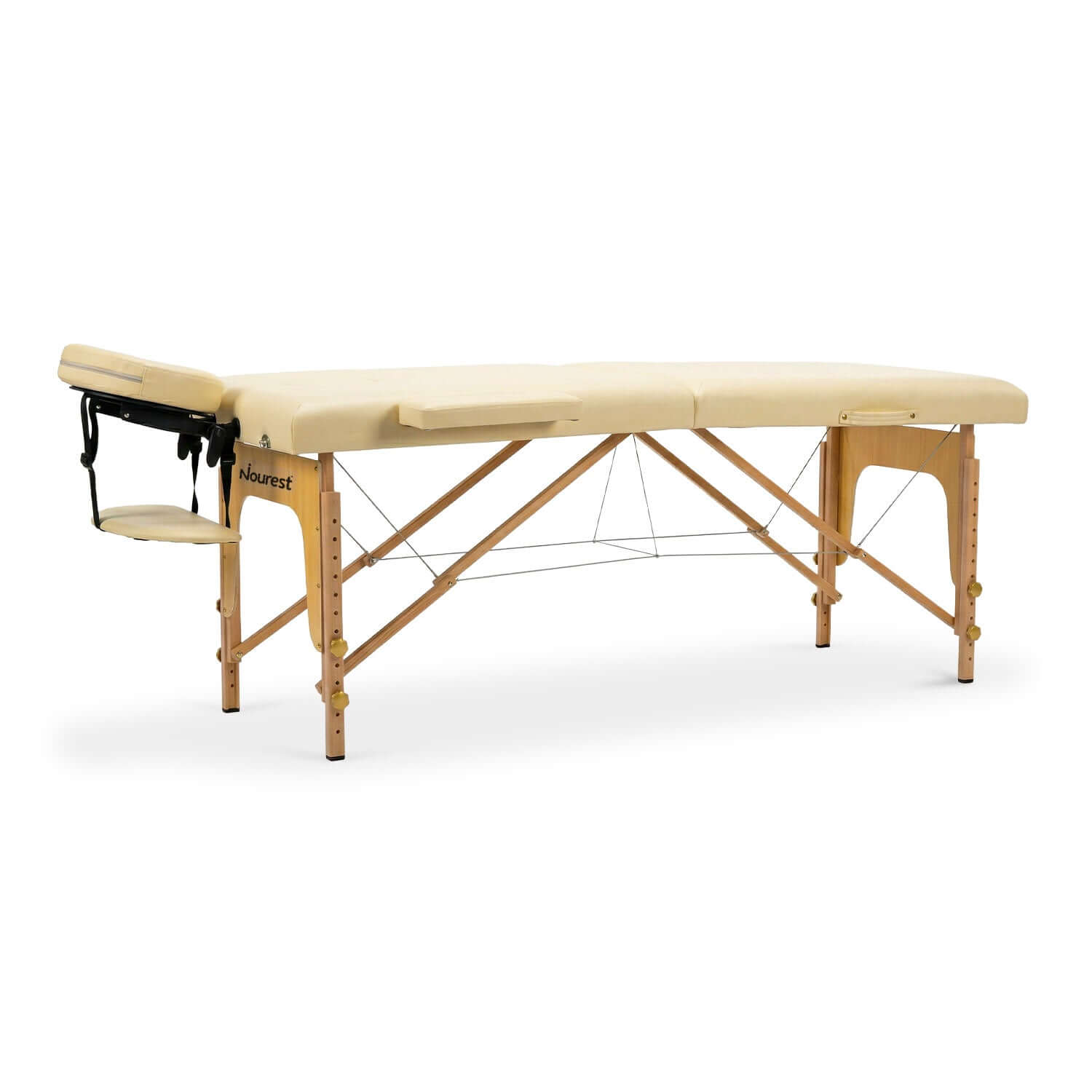 Nourest portable foldable massage table in beige color with an adjustable headrest and sturdy wooden frame.