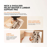 Image showcasing the Neck & Shoulder Relief Master X Lumbar Support Pro with features for roller massage and shiatsu relief.