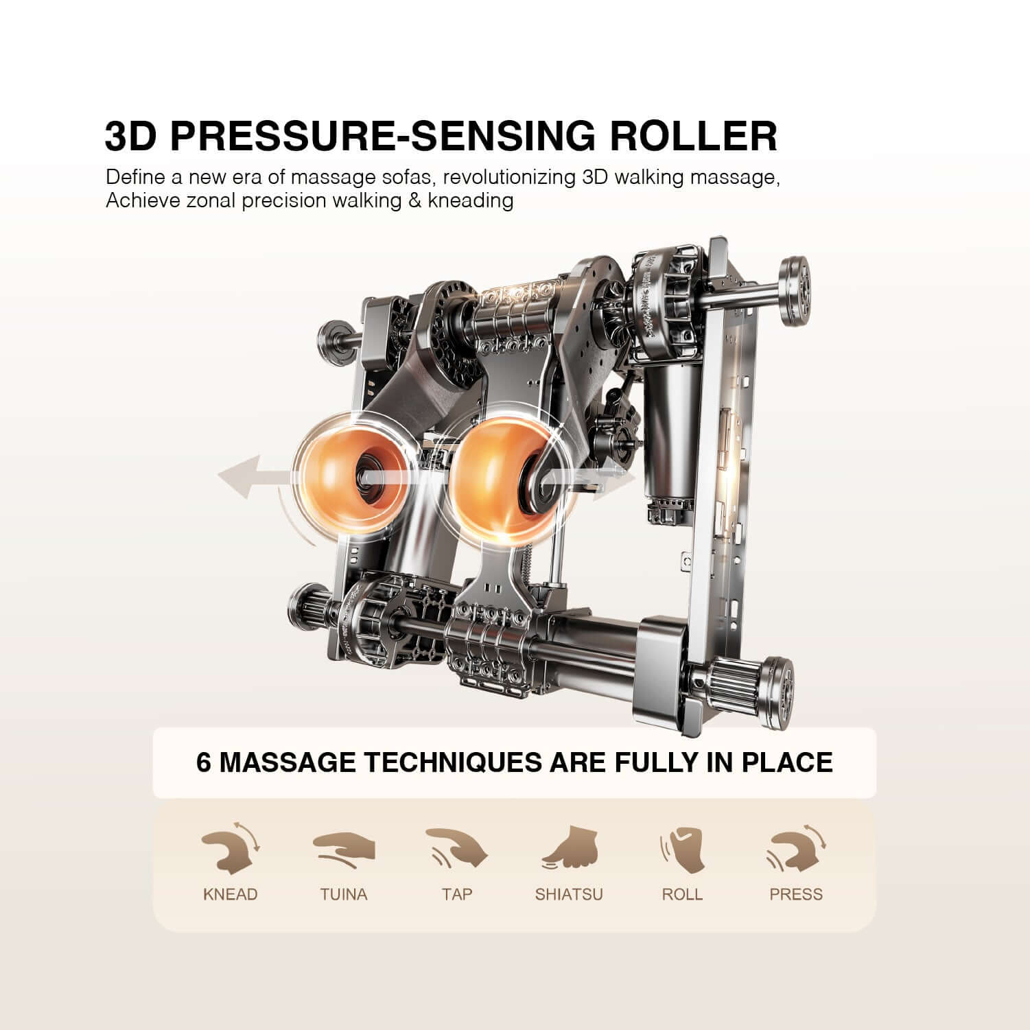 3D pressure-sensing roller for recliner massage chair with 6 massage techniques including knead and shiatsu.