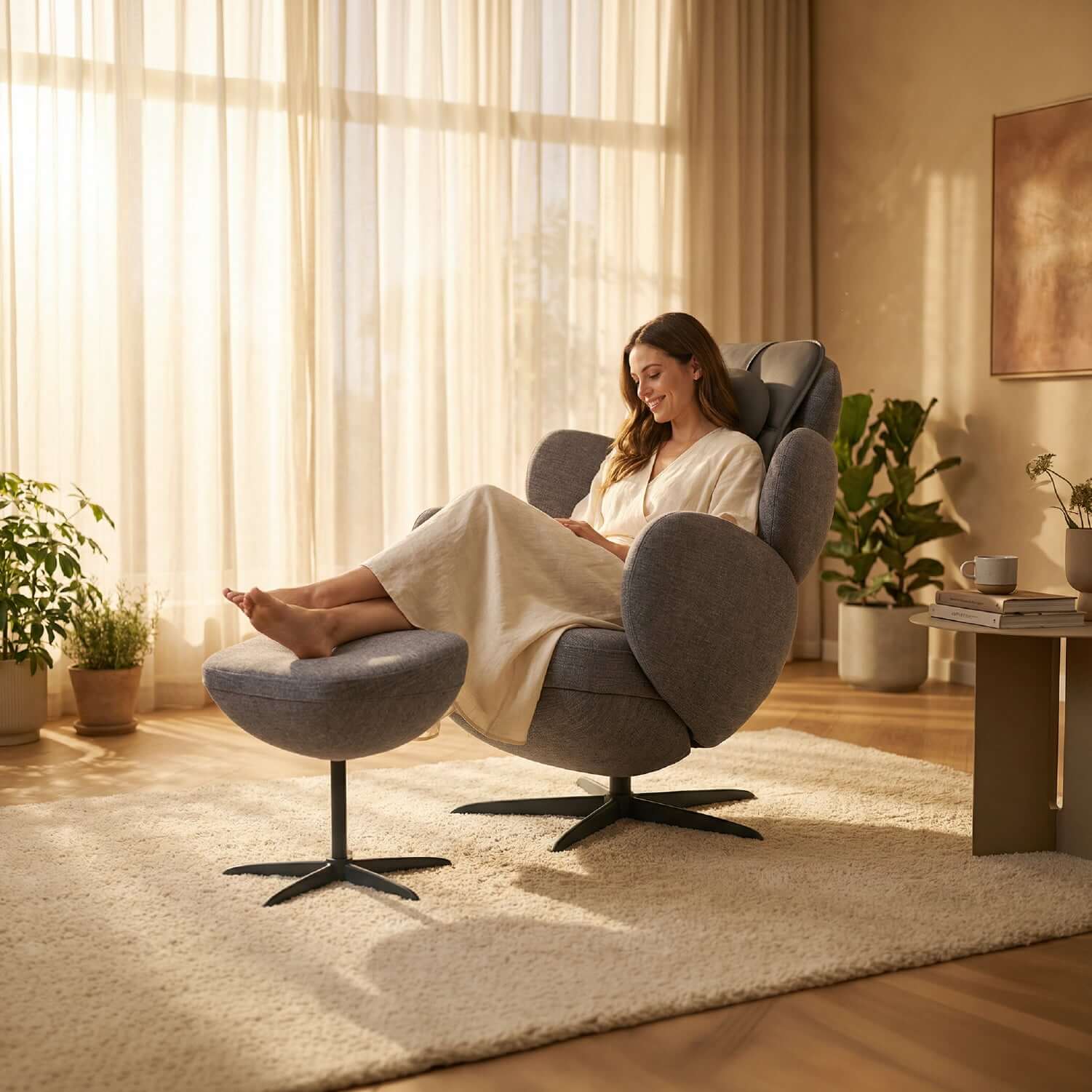 Recliner massage chair with footrest and woman relaxing in a cozy, sunlit living room.