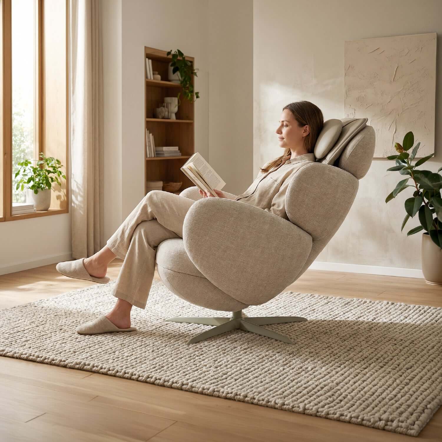 Nourest Orion Pro Auto Recliner Sofa Massage Chair in a modern living room, featuring a woman reading comfortably.