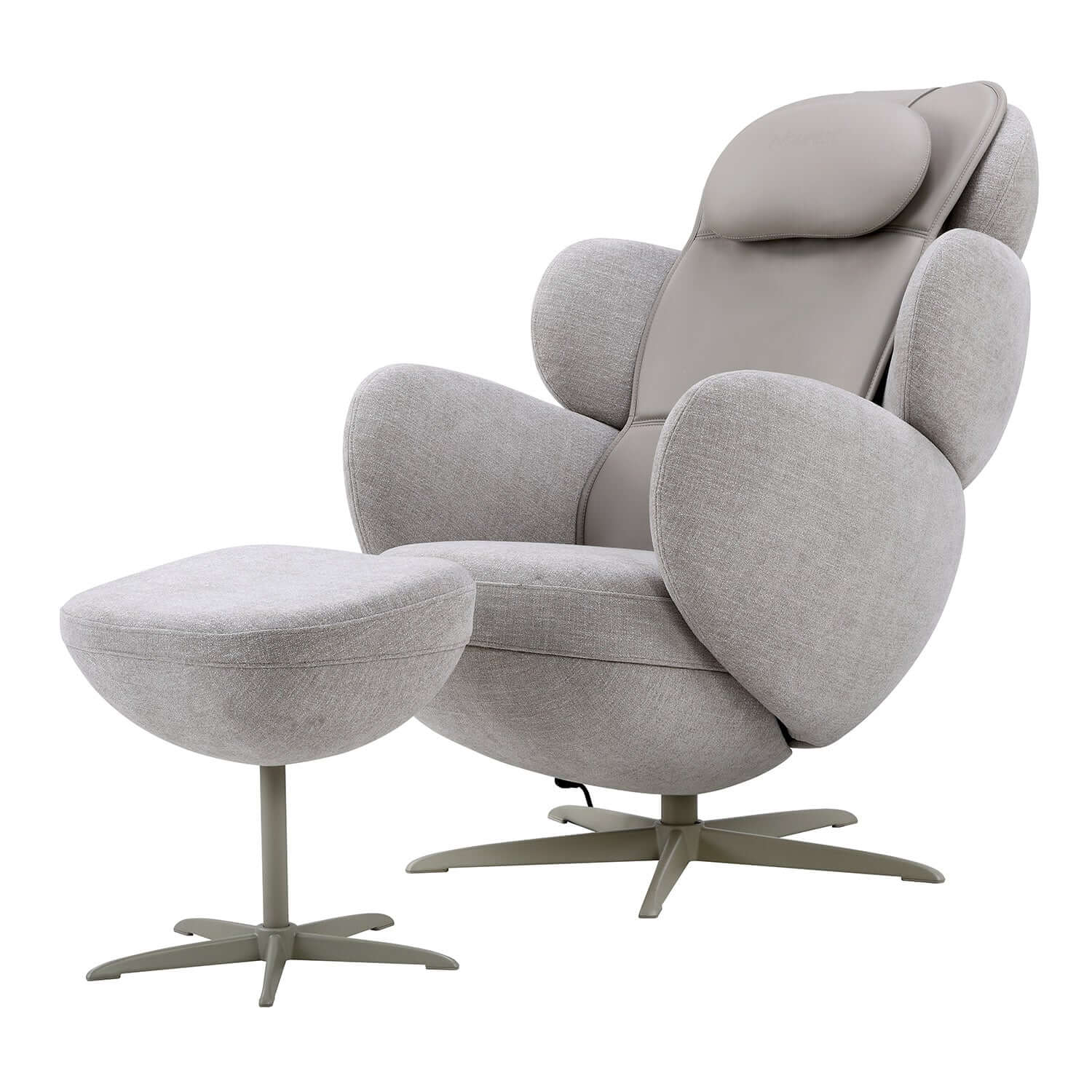 Orion Pro Recliner Massage Chair with matching ottoman in light grey upholstery.