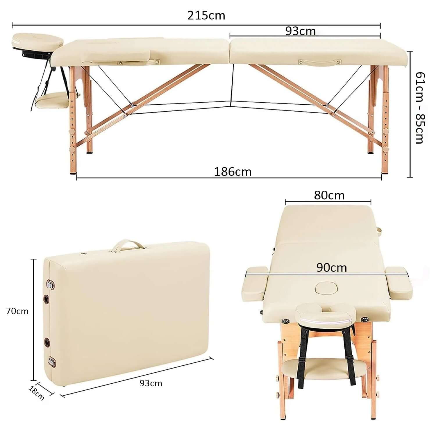 Nourest Portable Foldable Professional Massage Table dimensions and features in beige color.