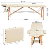 Nourest Portable Foldable Professional Massage Table dimensions and features in beige color.