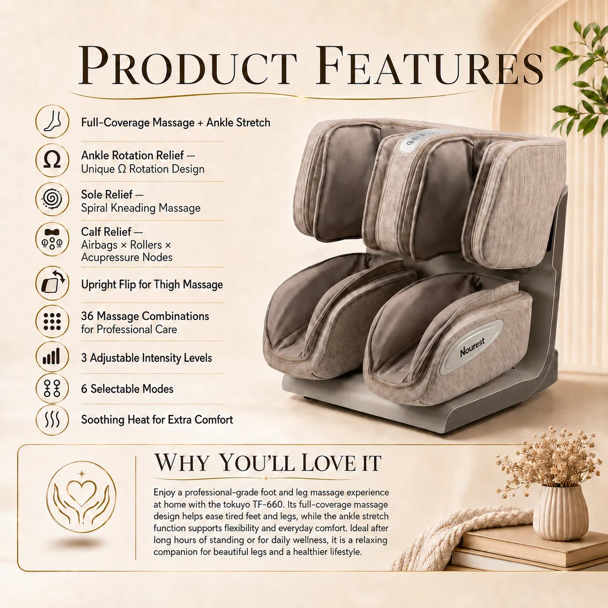 Nourest VibeX Full-Leg Massager with Ankle Stretch, Heat & Air Compression
