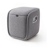 A square-shaped gray fabric storage cube with rounded corners, featuring a small side handle cutout and a small black brand tag that reads 'bobo'.