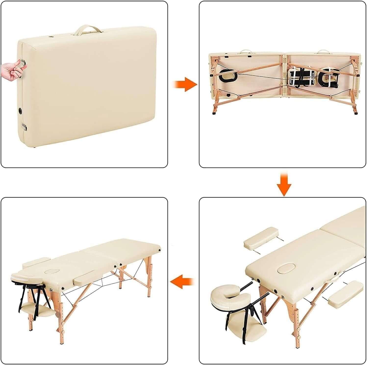 Images showing the Nourest Portable Foldable Professional Massage Table in Beige, displaying its compact design and setup.