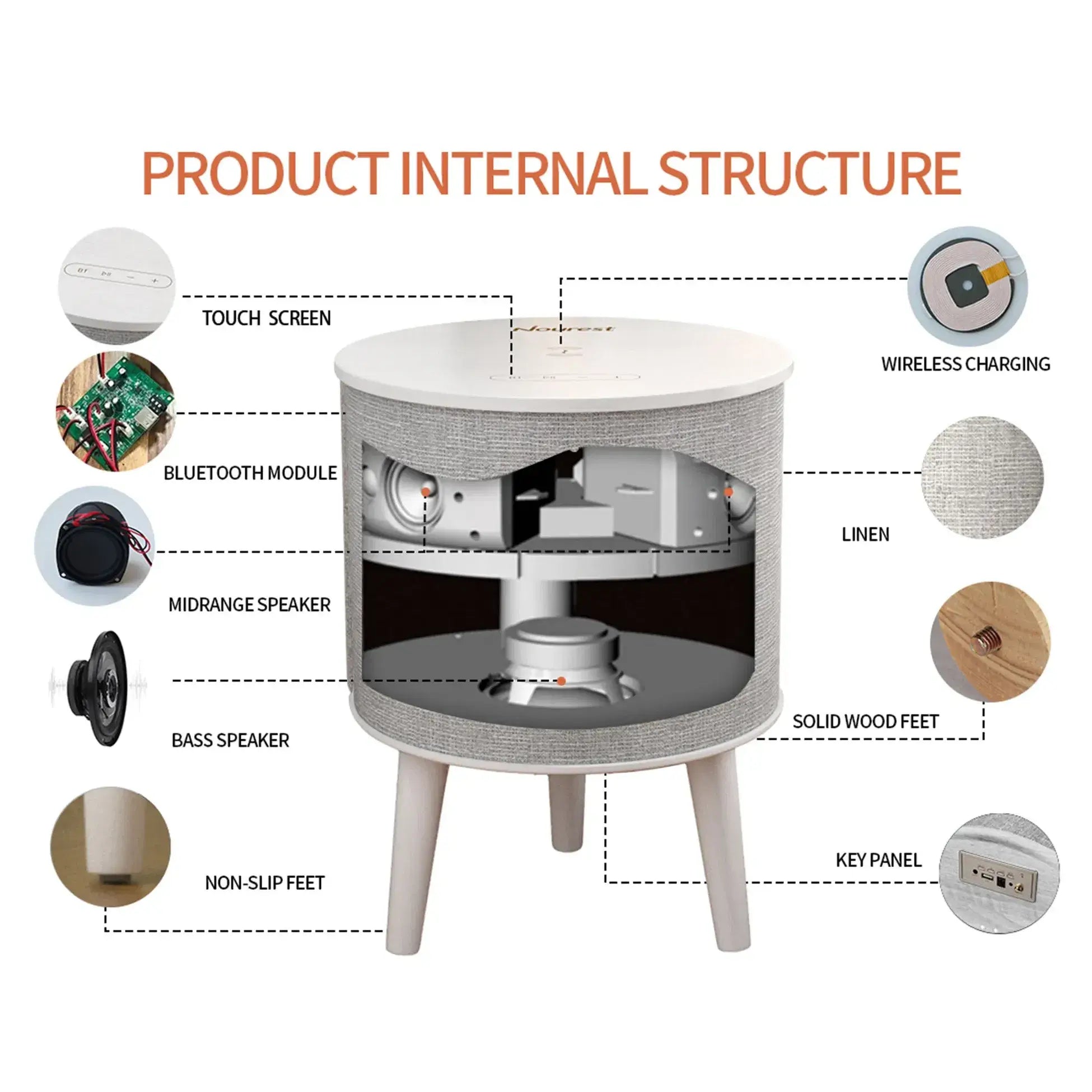 Nourest 4 in 1 Side Table with inbuilt 70W Bluetooth speaker - Touch Control
