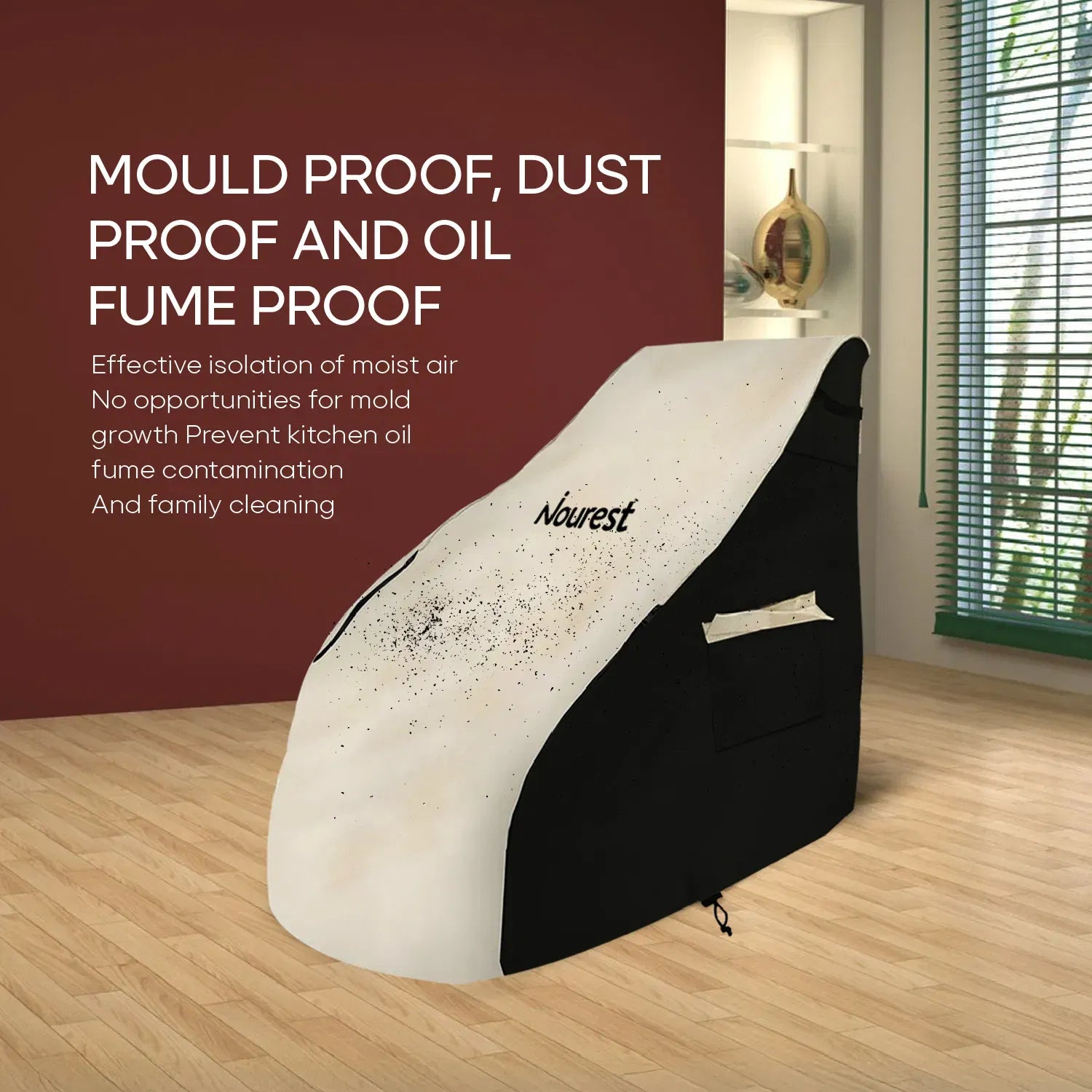 Nourest massage chair cover displayed in a room, showcasing mould proof, dust proof, and oil fume proof features.