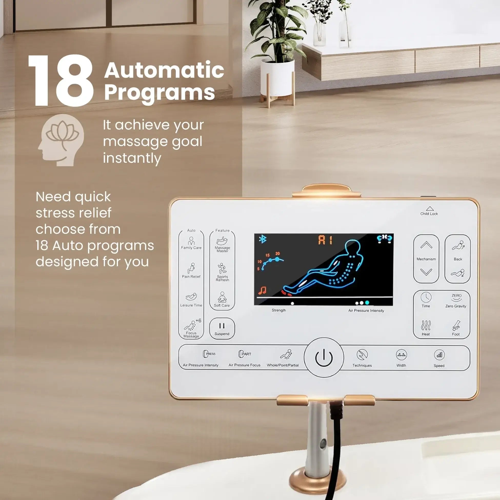 Nexo massage chair control panel displaying 18 automatic programs for instant stress relief.