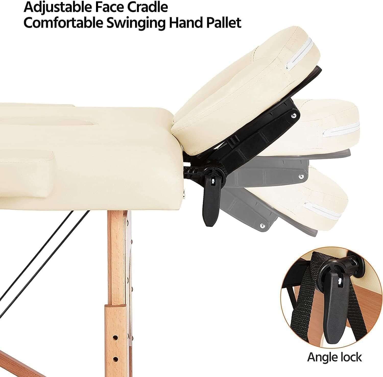 Adjustable face cradle and comfortable swinging hand pallet on Nourest portable foldable massage table in beige.