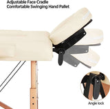 Adjustable face cradle and comfortable swinging hand pallet on Nourest portable foldable massage table in beige.