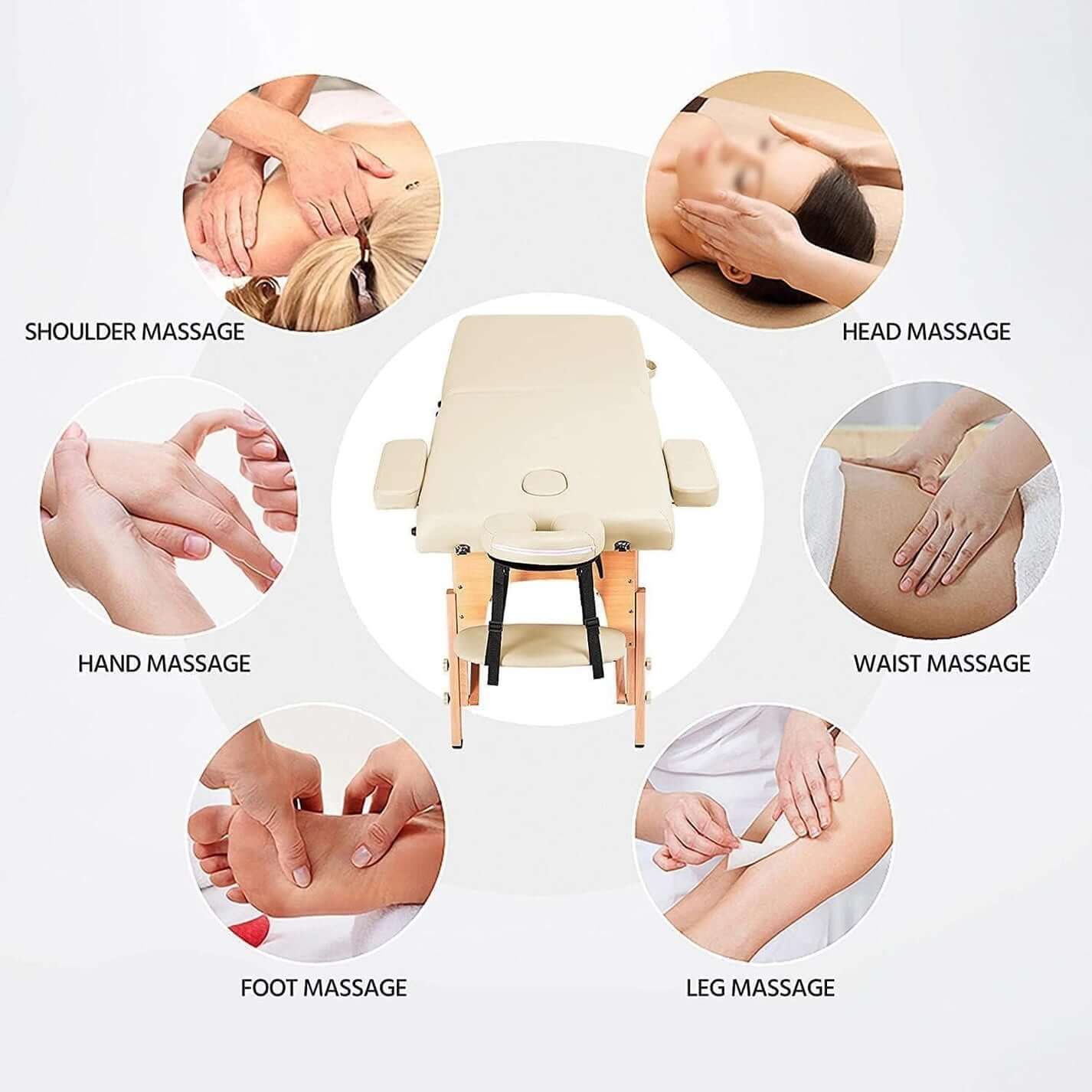 Nourest Portable Foldable Professional Massage Table in beige, used for various massages like shoulder, hand, foot, and head.