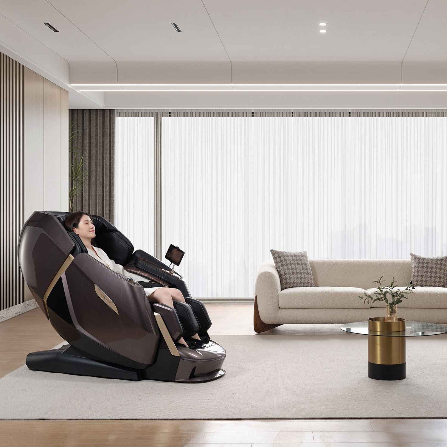 Stellar Massage Chair in a modern living room with a relaxed woman enjoying a luxurious AI massage.