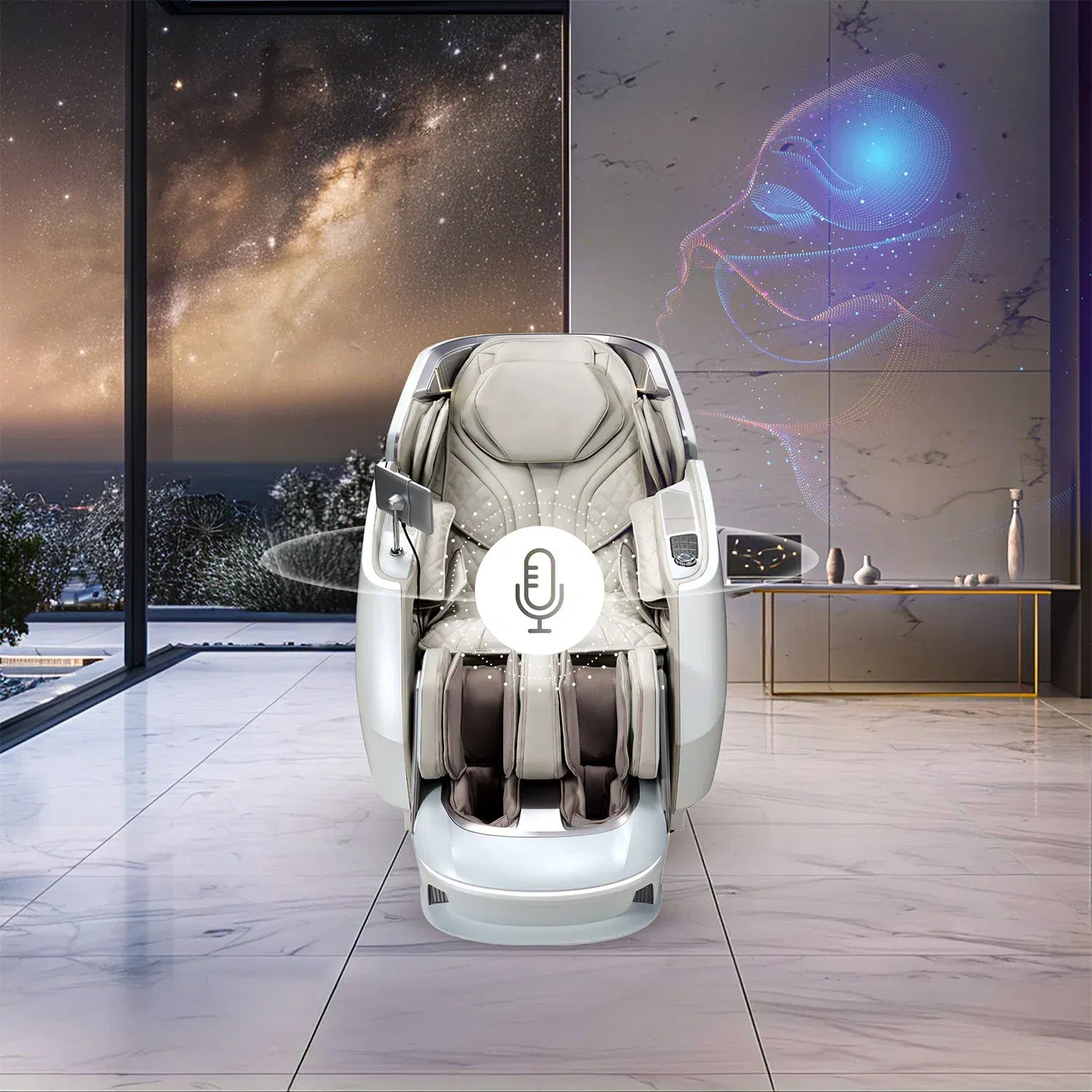 Stellar Massage Chair in a luxury setting features AI technology and modern design with a beautiful background.
