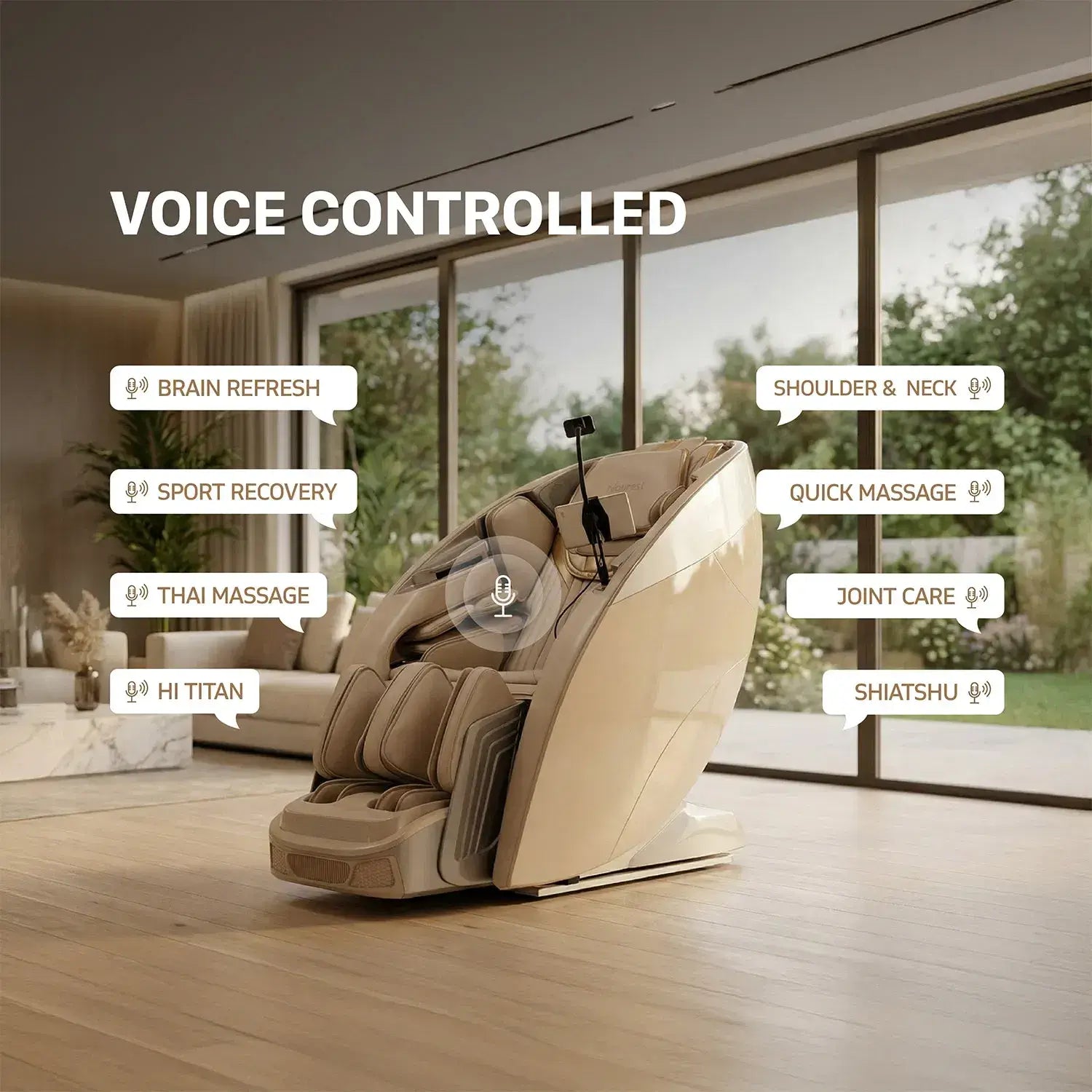 Nourest Titan AI massage chair with full body stretching and voice control options displayed.