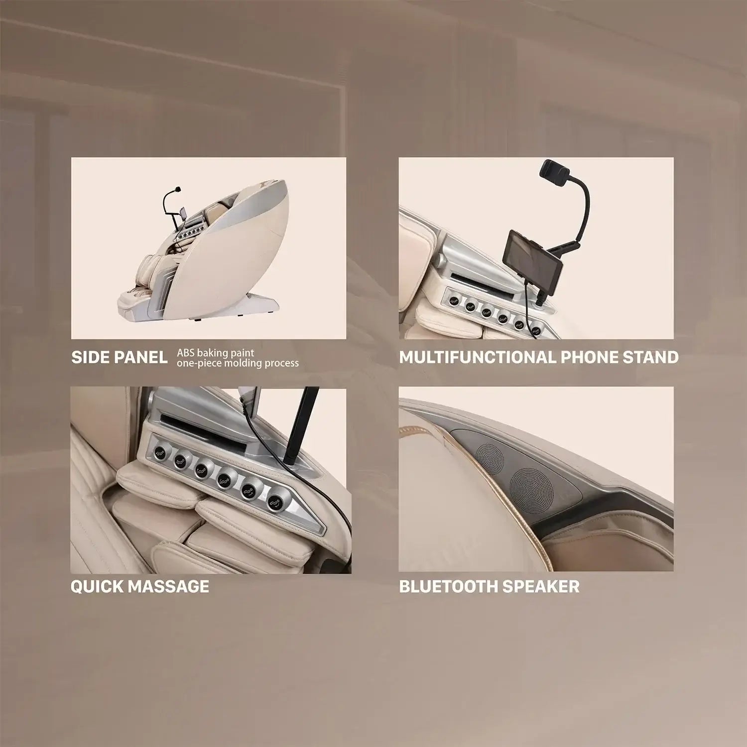 Nourest Titan AI massage chair with full body stretching features side panel, phone stand, quick massage, and Bluetooth speaker.