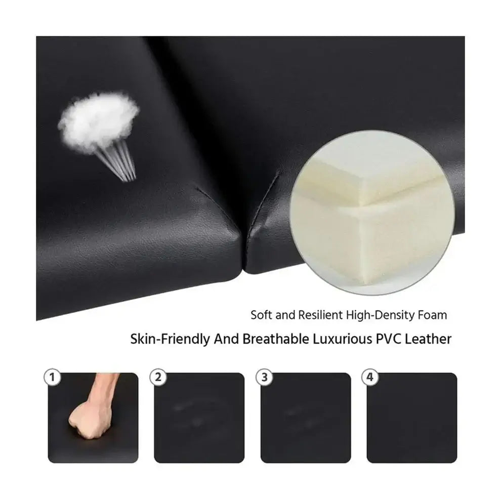 Close-up of the Nourest adjustable height massage table showing soft high-density foam and breathable PVC leather.