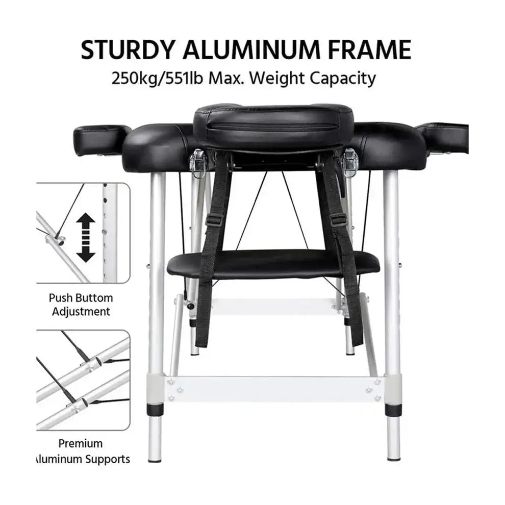 Nourest adjustable height massage table with sturdy aluminum frame, demonstrating push button adjustment and 250kg weight capacity.