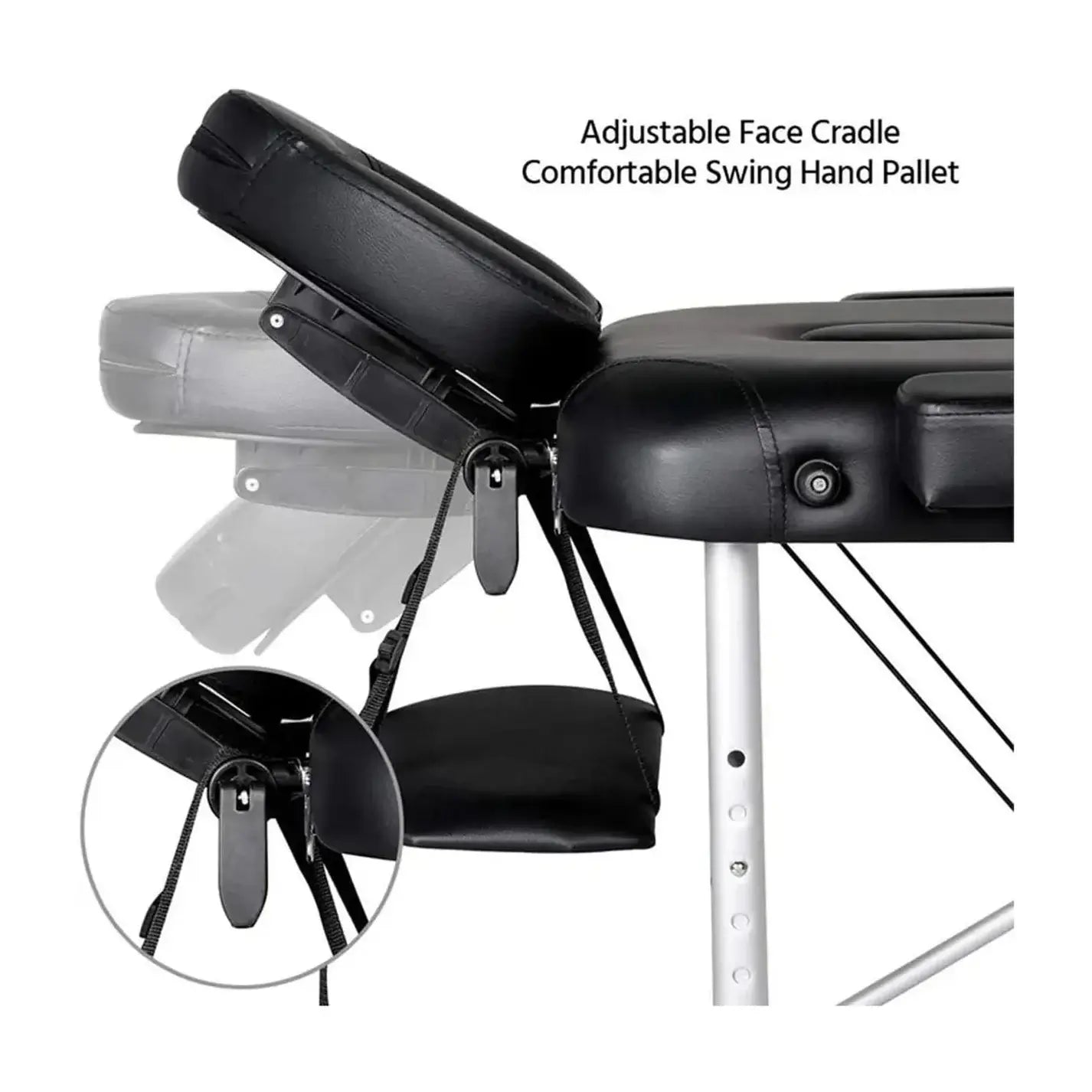 Adjustable height massage table featuring an adjustable face cradle and a comfortable swing hand pallet.