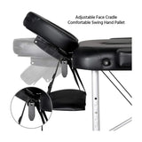 Adjustable height massage table featuring an adjustable face cradle and a comfortable swing hand pallet.