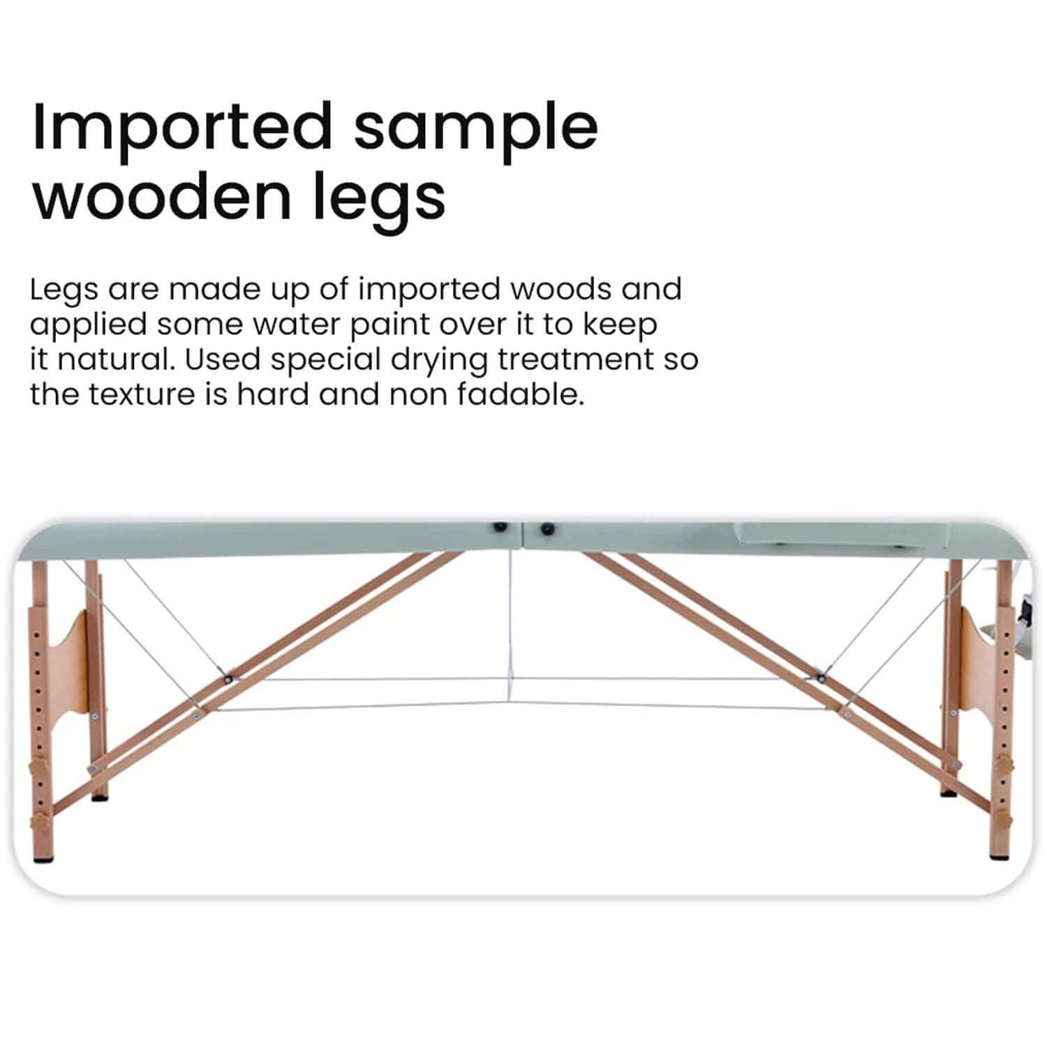 Imported wooden legs of a portable foldable massage bed, showcasing durable and natural texture.
