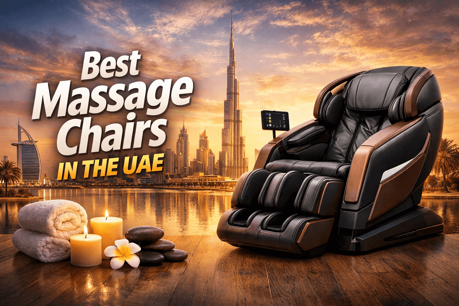 Best Massage Chair displayed in a luxurious setting with UAE skyline in the background and spa elements.