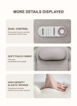 Features of Nourest Orion Pro Recliner Massage Chair, highlighting dual control, soft-touch fabric, and high-density elastic sponge.