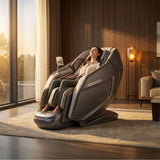 Woman relaxing in the Nourest Core-D massage chair in a modern living room setting.