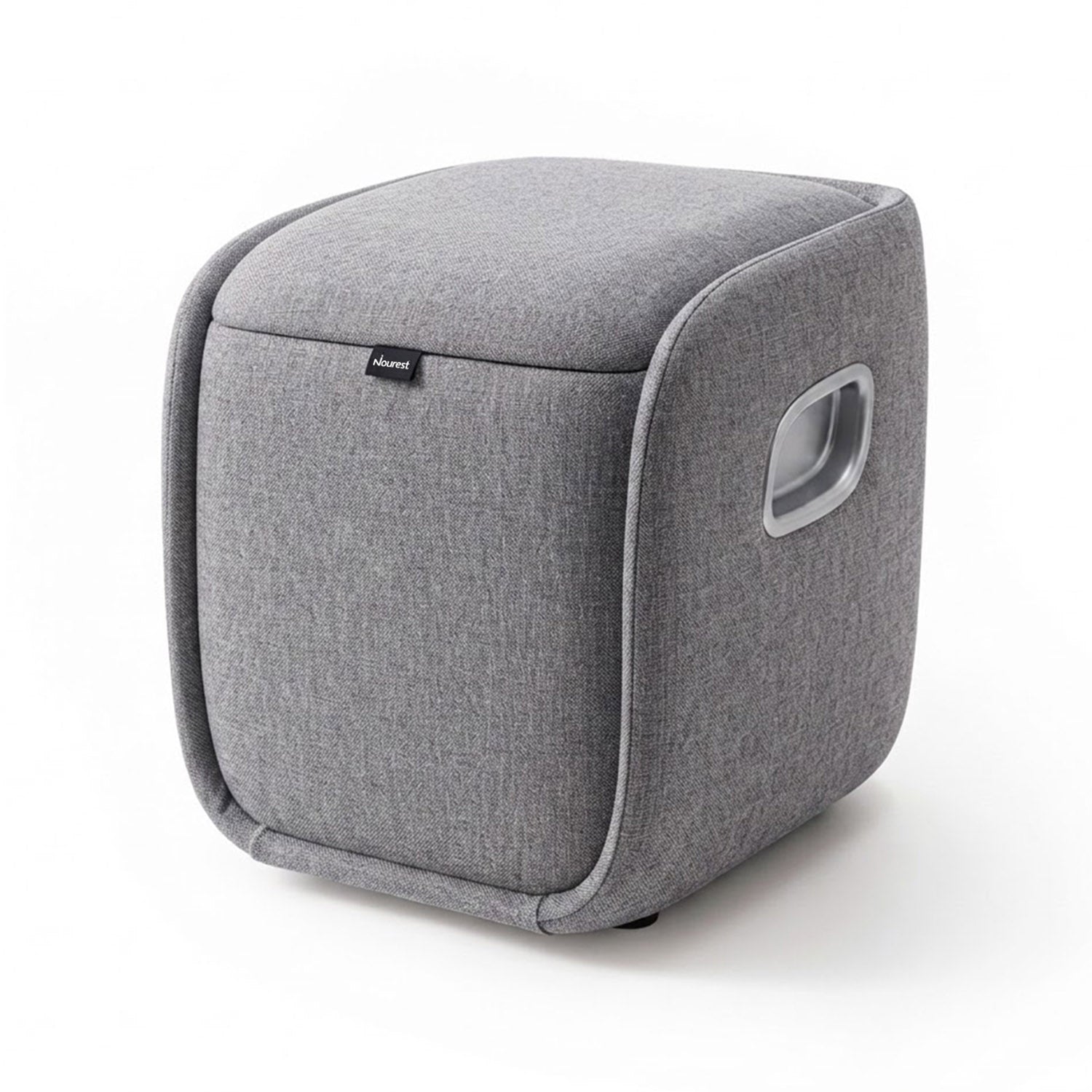 A square-shaped gray fabric storage cube with rounded corners, featuring a small side handle cutout and a small black brand tag that reads 'bobo'.
