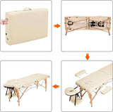 Images showing the Nourest Portable Foldable Professional Massage Table in Beige, displaying its compact design and setup.